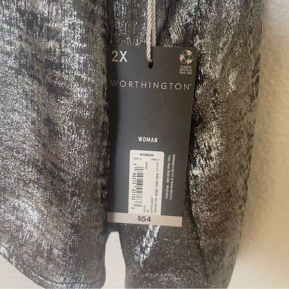Worthington 2X Shimmering Silver Blouse Keyhole Neck Short Sleeve Satin - Picture 11 of 15